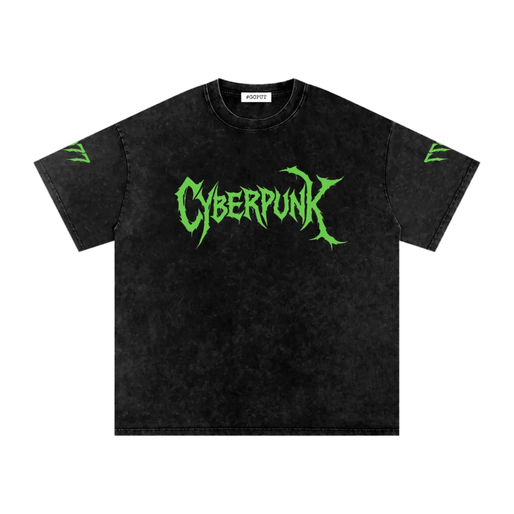 Cyberpunk 2077 Snow Washed Oversized T-Shirt collaboration between Bitchat Merch and GCPUT featuring neon green logo on black distressed fabric