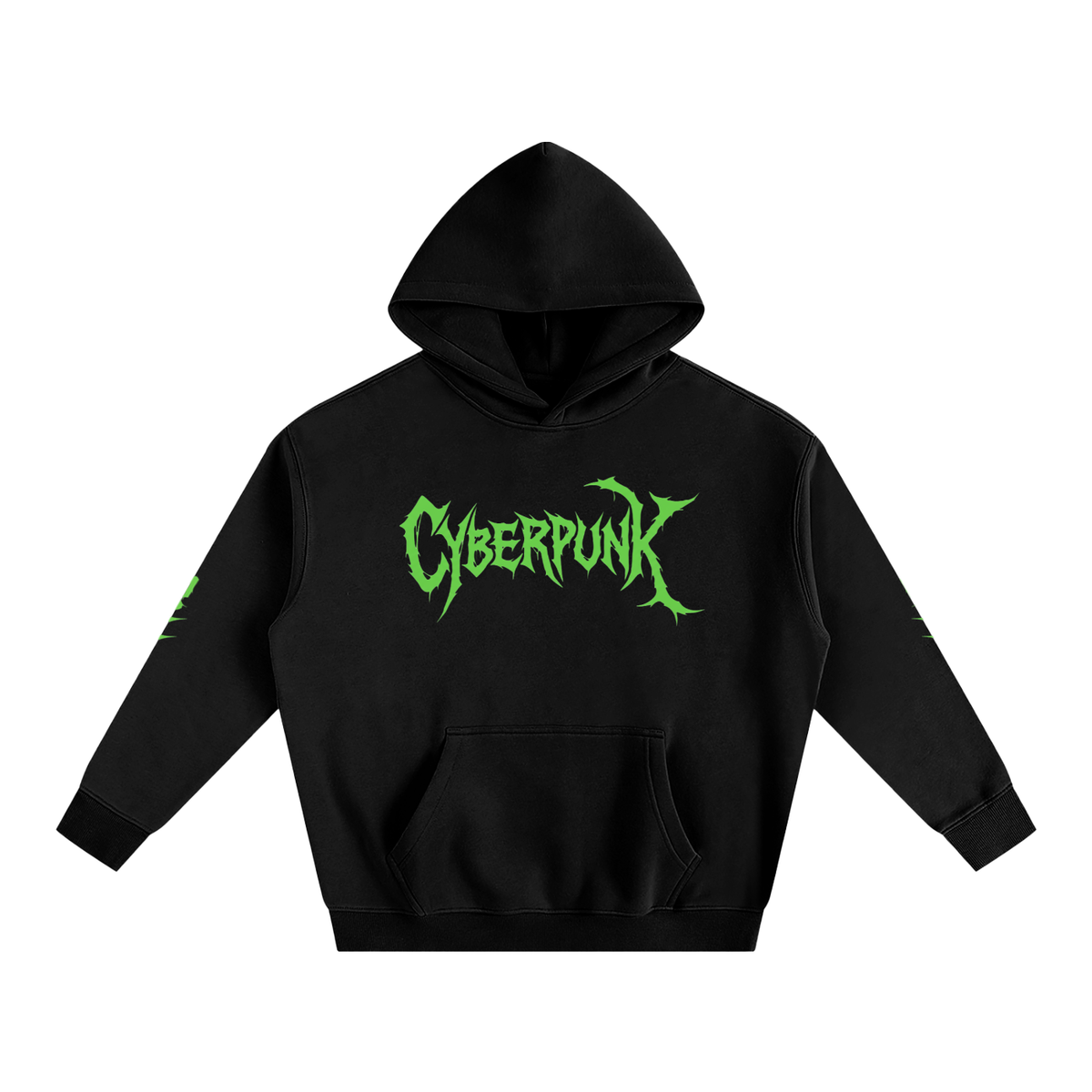 Black hoodie with green 'Cyberpunk' text on a white background
