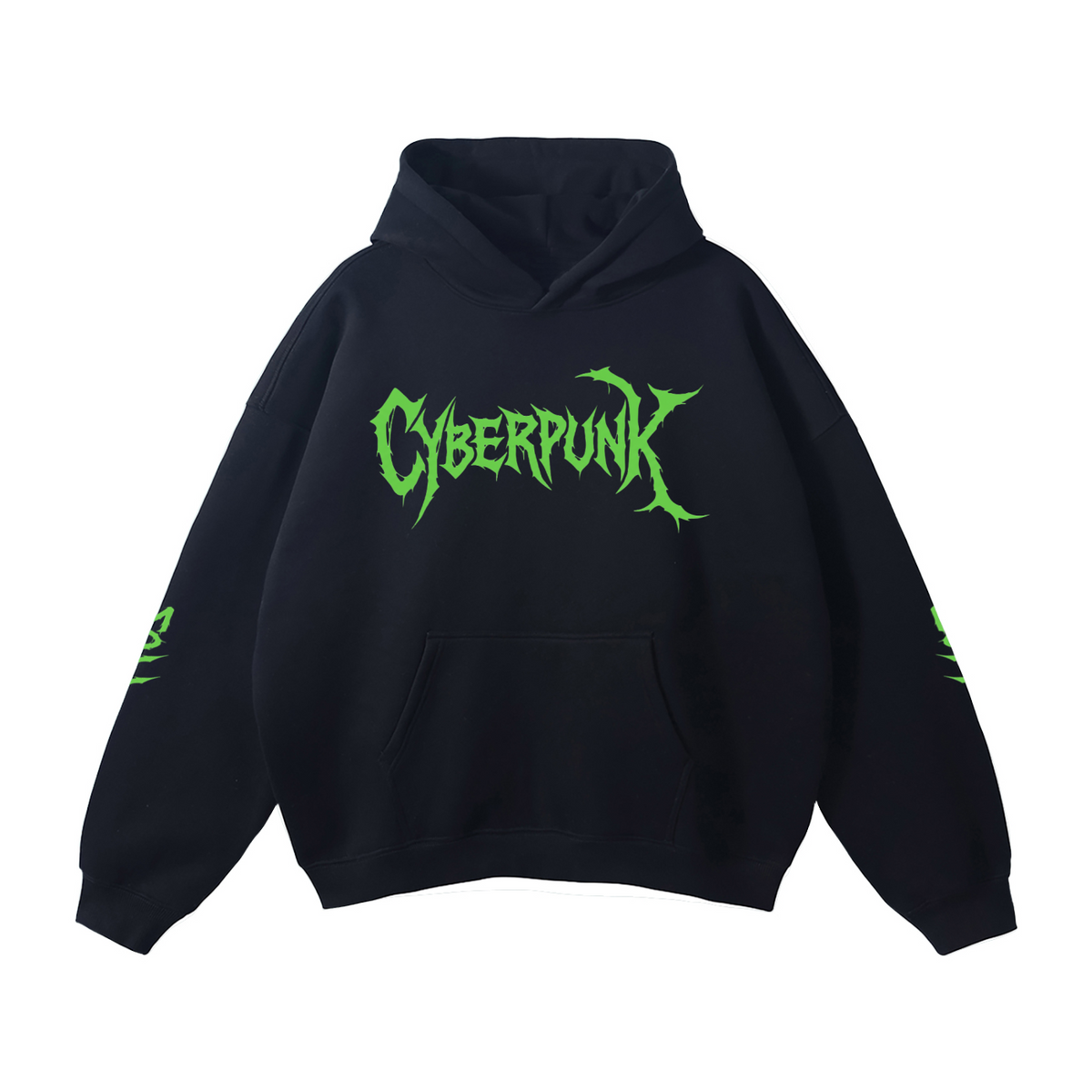 Black hoodie with green 'CYBERPUNK' text on a white background