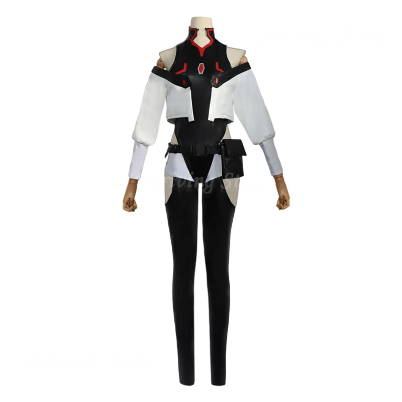 Cosplay costume on a mannequin with black, white, and red design on a white background