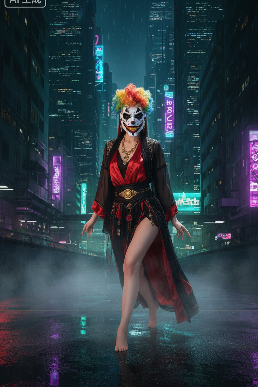 A woman in a black and red costume holds a white clown mask with a bright multicolor wig. She is posed in a smoky stage-like setting with red lighting.