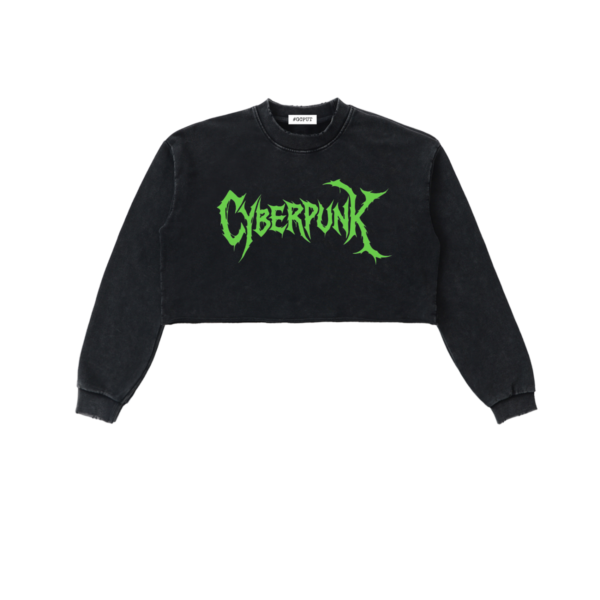 CyberPunk 2077 cropped sweatshirt front view with green metal logo, grey raglan sleeves, and raw edge hem on snow washed black