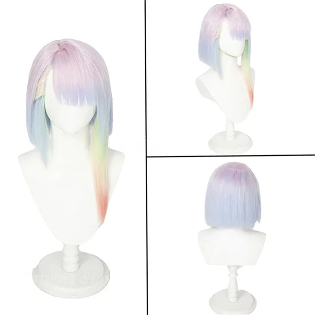 Multicolored wig on a mannequin head with a white background