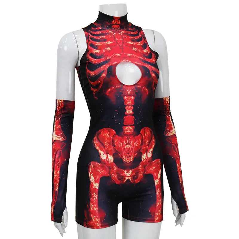 Cyber Skeleton Punk Women Jumpsuit & Romper with Gloves