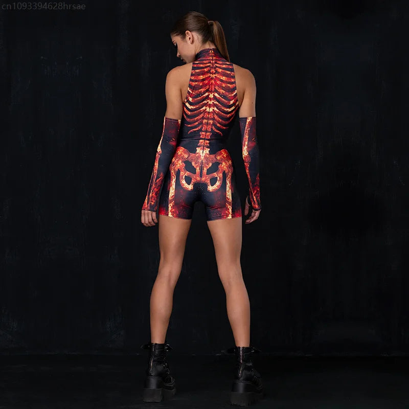 Cyber Skeleton Punk Women Jumpsuit & Romper with Gloves