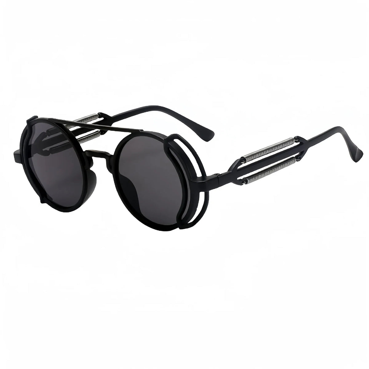 Black round sunglasses with a double-bridge frame design and dark gray lenses, shown on a plain white background.