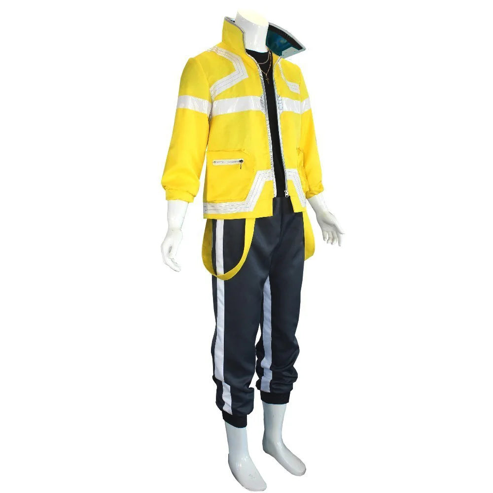 Yellow and black outfit with reflective stripes on a white background