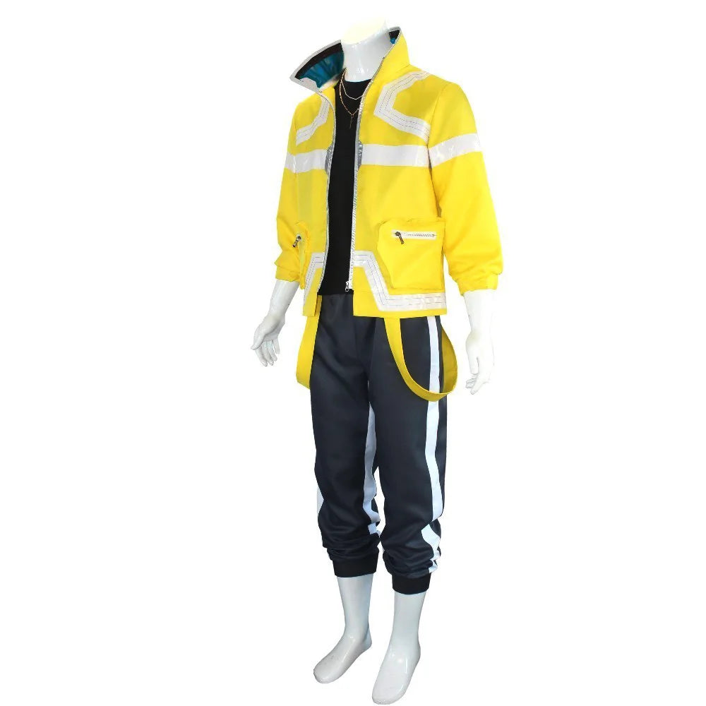 Yellow jacket with black pants on a mannequin against a white background